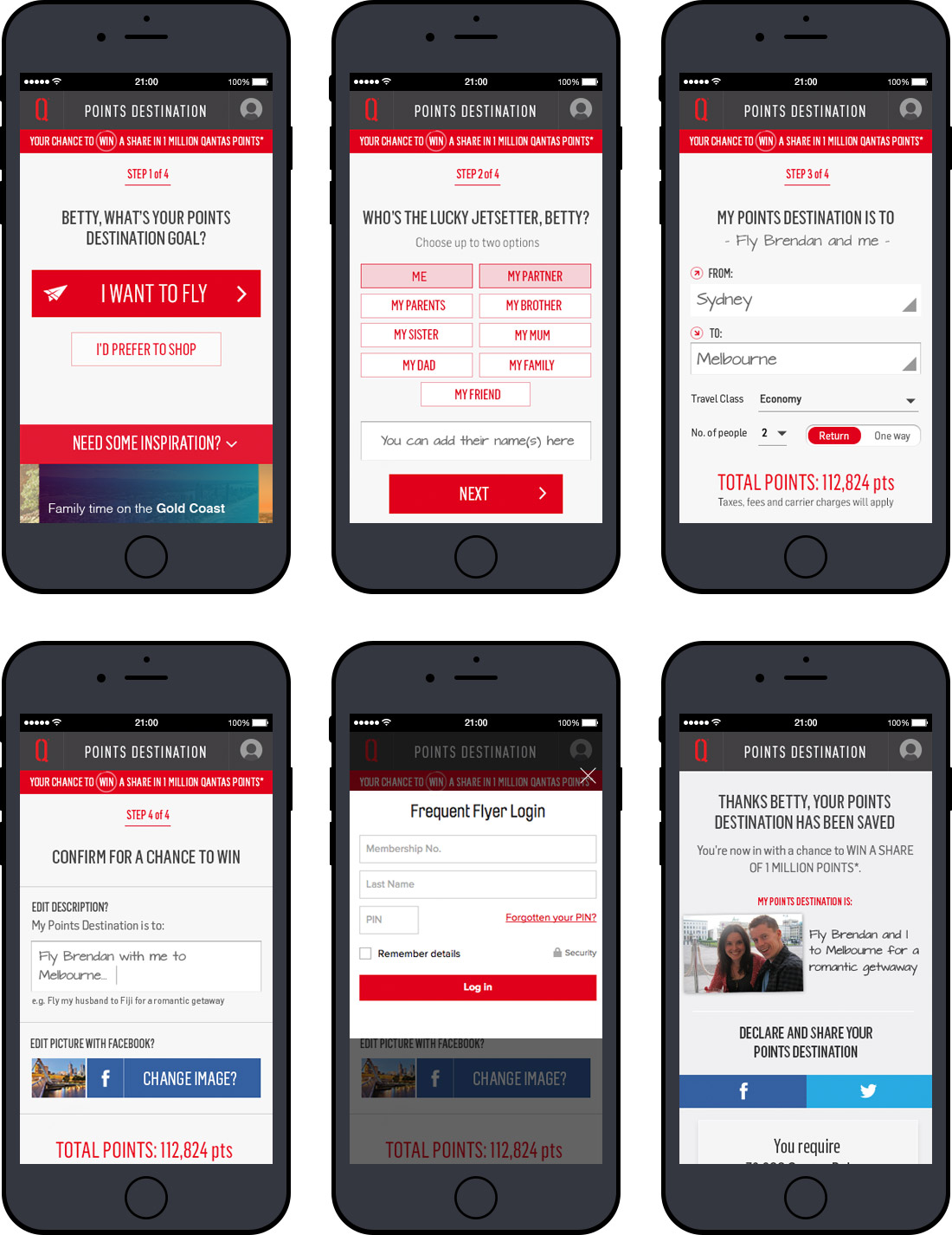 Qantas Points Destination mobile journey screens